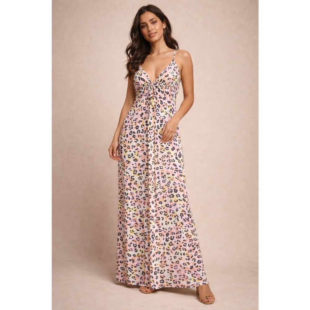 NWT Leopard Print Maxi Dress Spaghetti Strap Tie Front Flwy Summer Boho#G39